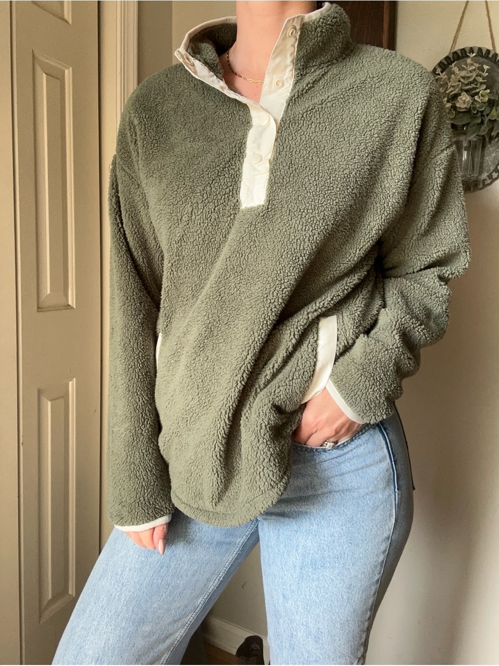 Como Vintage Olive Green Sherpa Popover Pullover